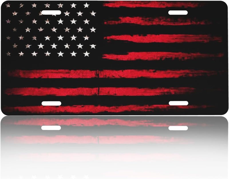 CTVSLFU Front License Plate Cover – Aluminum Metal Car Accessory, Rust-Proof Novelty Vanity Tag Decor for Men & Women, 6x12 with 4 Holes - Black Red American Flag 001 - Image 1